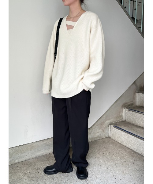 美品★慈雨　マルチカラー ボトルネックニット アシンメトリー 40 セール】アシンメトリーVネックニットトップス（ニット/セーター