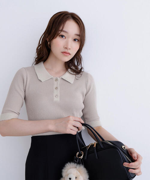 NATURAL BEAUTY BASIC（ナチュラルビューティーベーシック）の「◇シャギートリムポロニット差込（ニット/セーター・レディース・ベージュ/ブラック/ピンク・FREE）」の6枚目の写真