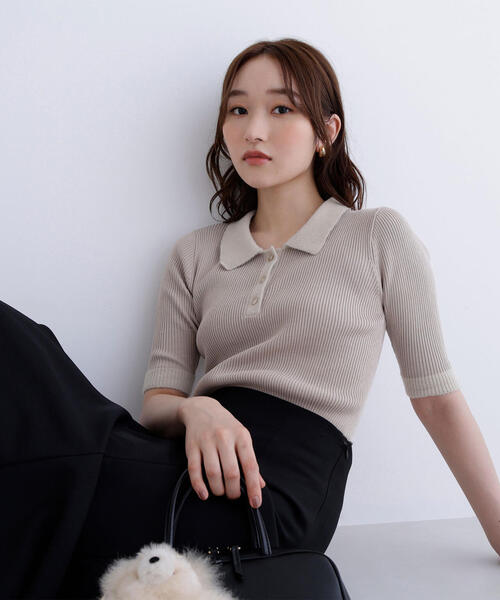 NATURAL BEAUTY BASIC（ナチュラルビューティーベーシック）の「◇シャギートリムポロニット差込（ニット/セーター・レディース・ベージュ/ブラック/ピンク・FREE）」の3枚目の写真