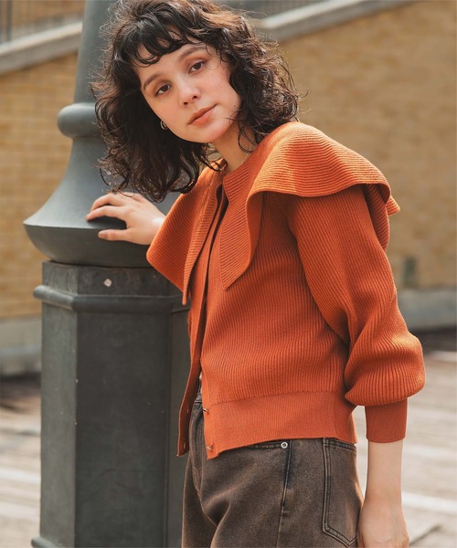 セール】フレア襟ニットカーディガン/トップス（カーディガン/ボレロ