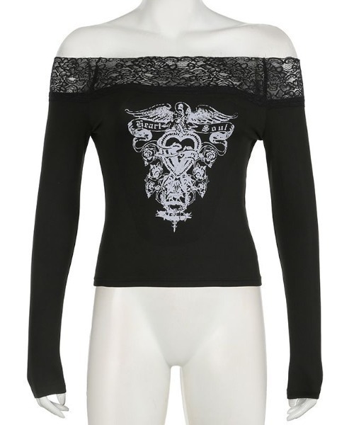 SHEENA(シーナ)の「【秋冬新作】レースオフショルダープリントトップス(Tシャツ/カットソー・レディース・ブラック・M)」の6枚目の写真