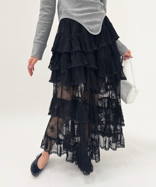 EDIT. FOR LULU(エディットフォールル)の「【YUHAN WANG/ユハン ワン】lace trimmed maxi skirt(スカート・レディース・ブラック・FREE)」の1枚目の写真