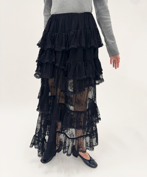 EDIT. FOR LULU(エディットフォールル)の「【YUHAN WANG/ユハン ワン】lace trimmed maxi skirt(スカート・レディース・ブラック・FREE)」の2枚目の写真