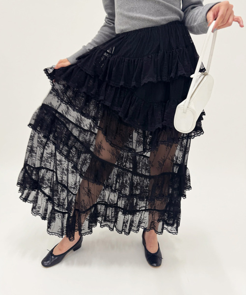 EDIT. FOR LULU(エディットフォールル)の「【YUHAN WANG/ユハン ワン】lace trimmed maxi skirt(スカート・レディース・ブラック・FREE)」の3枚目の写真