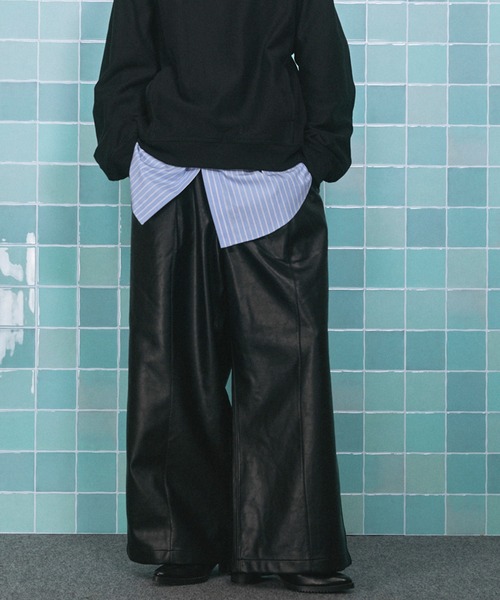 UNISEX》Artificial Leather Pin-Tuck Wide Pants/アーティフィシャル