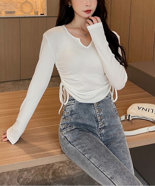 MAISON DE THERESE(メゾン ド テレーズ)の「Vネック チューニングTシャツ ロングスリーブ(Tシャツ/カットソー・レディース・ブラック/ピンク/ホワイト/グレー・M/L/XL)」の9枚目の写真