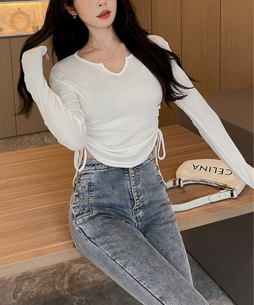 MAISON DE THERESE(メゾン ド テレーズ)の「Vネック チューニングTシャツ ロングスリーブ(Tシャツ/カットソー・レディース・ブラック/ピンク/ホワイト/グレー・M/L/XL)」の10枚目の写真
