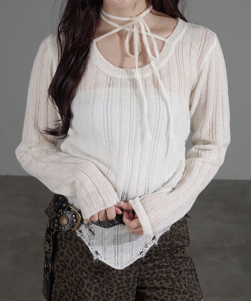 apres jour mignon(アプレジュールミニョン)の「ダメージシアーニット(ニット/セーター・レディース・ブラウン系その他/チャコールグレー/オフホワイト・フリー/X-LARGE)」の7枚目の写真