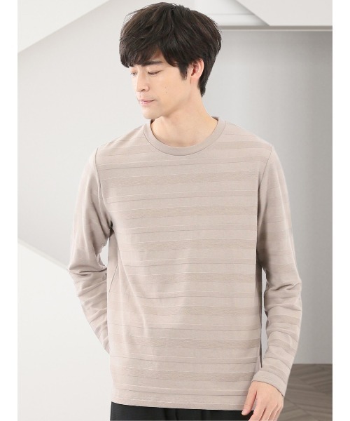 TAKA-Q(タカキュー)の「【綿混】タカキュー リンクスボーダージャガード クルーネック 長袖 Tシャツ(Tシャツ/カットソー・メンズ・ベージュ/モカ/ホワイト/サックスブルー・MEDIUM/LARGE/X-LARGE)」の1枚目の写真