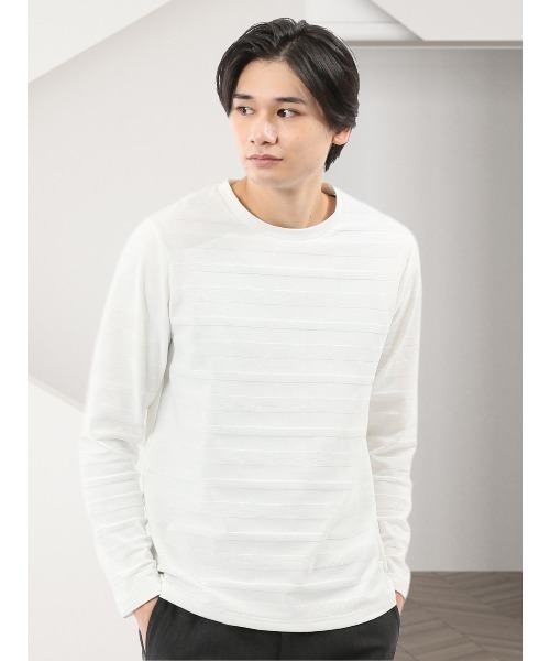 TAKA-Q(タカキュー)の「【綿混】タカキュー リンクスボーダージャガード クルーネック 長袖 Tシャツ(Tシャツ/カットソー・メンズ・ベージュ/モカ/ホワイト/サックスブルー・MEDIUM/LARGE/X-LARGE)」の2枚目の写真