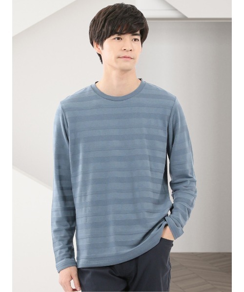 TAKA-Q(タカキュー)の「【綿混】タカキュー リンクスボーダージャガード クルーネック 長袖 Tシャツ(Tシャツ/カットソー・メンズ・ベージュ/モカ/ホワイト/サックスブルー・MEDIUM/LARGE/X-LARGE)」の4枚目の写真