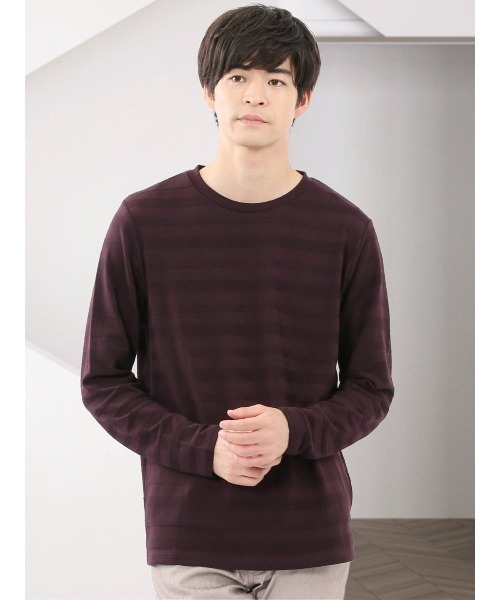 TAKA-Q(タカキュー)の「【綿混】タカキュー リンクスボーダージャガード クルーネック 長袖 Tシャツ(Tシャツ/カットソー・メンズ・ベージュ/モカ/ホワイト/サックスブルー・MEDIUM/LARGE/X-LARGE)」の3枚目の写真