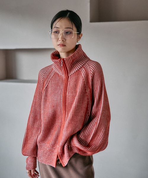 7ゲージ配色リブZIPカーディガン2 571558（カーディガン/ボレロ