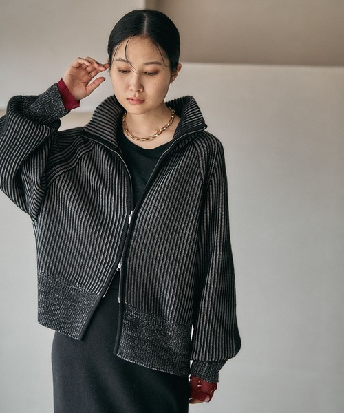 7ゲージ配色リブZIPカーディガン2 571558（カーディガン/ボレロ