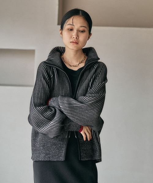 ルネお嬢様ジャケットフリンジデザイン 黒 長袖カーディガン 7ゲージ配色リブZIPカーディガン2 571558（カーディガン/ボレロ