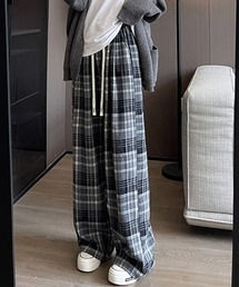 チェック柄パンツハイウエストワイドパンツ