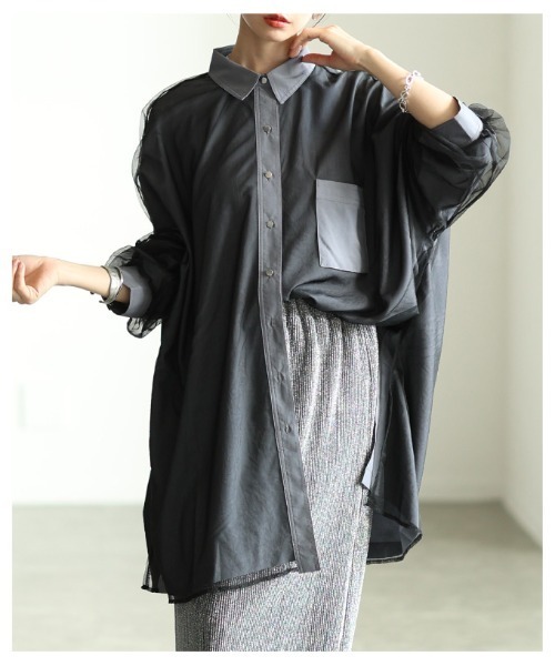 Sawa a la mode（サワアラモード）の「オーガンジーレイヤードオーバーシャツ（シャツ/ブラウス・レディース・オフホワイト/チャコールグレー/ライトグリーン・FREE）」の9枚目の写真