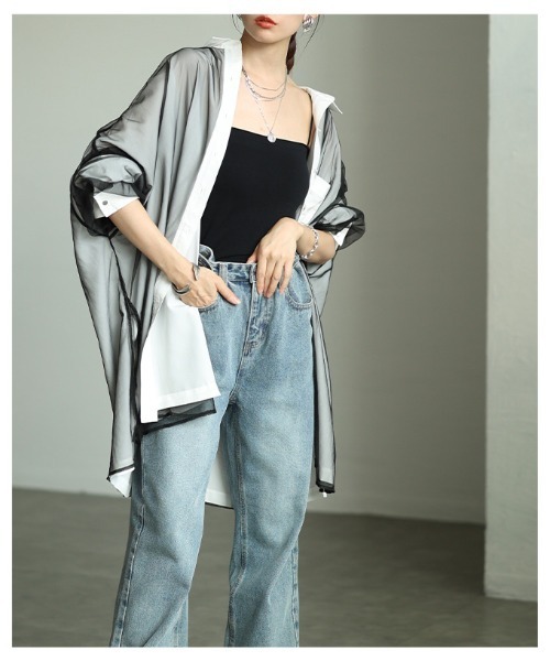 Sawa a la mode（サワアラモード）の「オーガンジーレイヤードオーバーシャツ（シャツ/ブラウス・レディース・オフホワイト/チャコールグレー/ライトグリーン・FREE）」の12枚目の写真