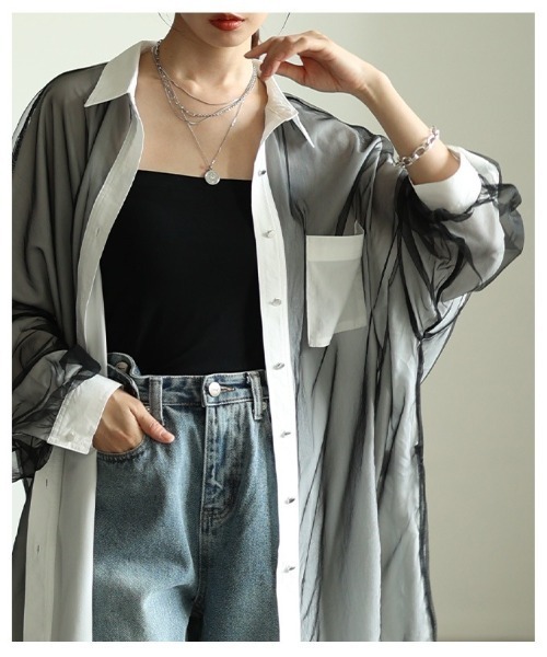 Sawa a la mode（サワアラモード）の「オーガンジーレイヤードオーバーシャツ（シャツ/ブラウス・レディース・オフホワイト/チャコールグレー/ライトグリーン・FREE）」の16枚目の写真