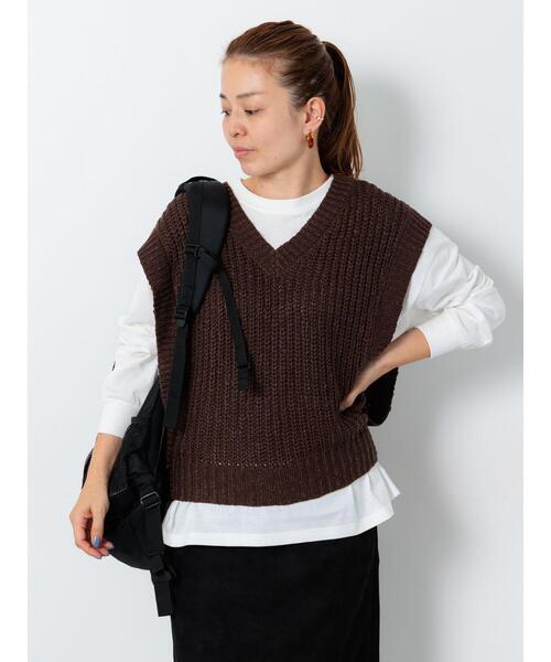 Lugnoncure（ルノンキュール）の「スラブヤーンVネックニットベスト（ニット/セーター・レディース・ブラウン/キナリ/ブラック・F）」の3枚目の写真