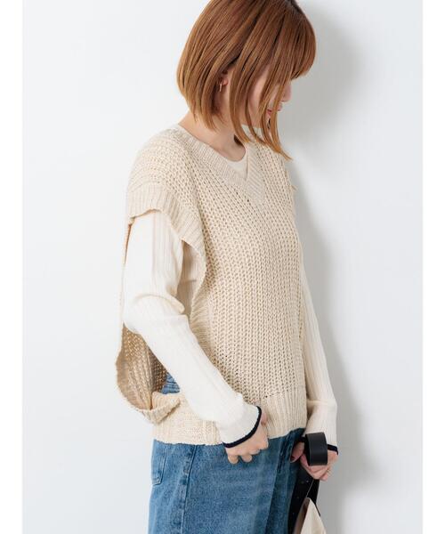 Lugnoncure（ルノンキュール）の「スラブヤーンVネックニットベスト（ニット/セーター・レディース・ブラウン/キナリ/ブラック・F）」の2枚目の写真