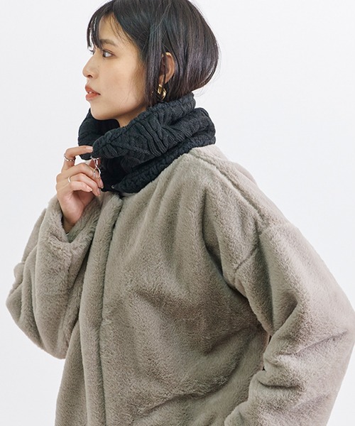 フードウォーマー セール】ケーブルニット×裏ボア フロントZIPネックウォーマー（ネック