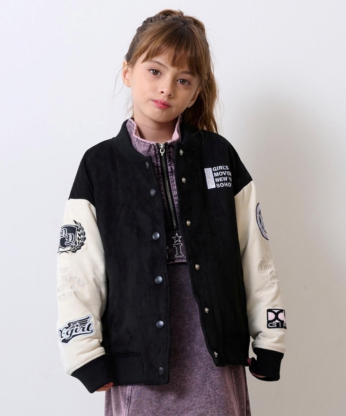 X-girl Stages(エックスガールステージス)の「袖ワッペン配色中わたブルゾン(ブルゾン・キッズ・ライトブルー/ブラック・130cm/100cm/110cm/120cm/140cm)」の1枚目の写真