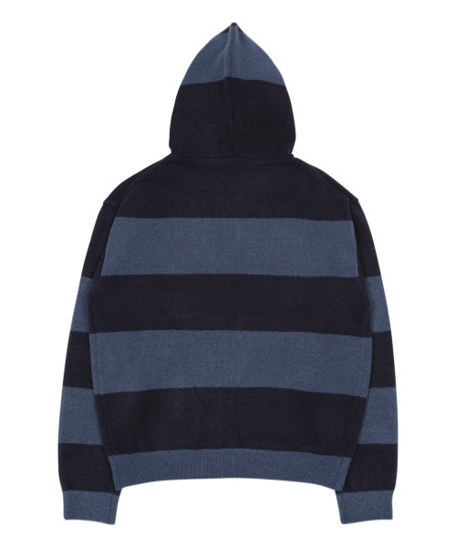 TCM stripe knit hooded zip-up (navy/black)（パーカー