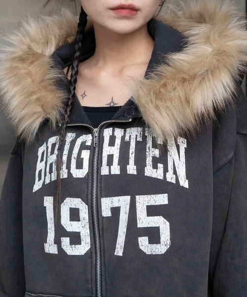 WEGO（ウィゴー）の「WEGO/【25年秋冬新作】裏起毛ファーフードBIGZIPパーカー（パーカー・レディース・杢グレー/ブラック系その他/スミクロ/ブラウン・FREE）」の8枚目の写真