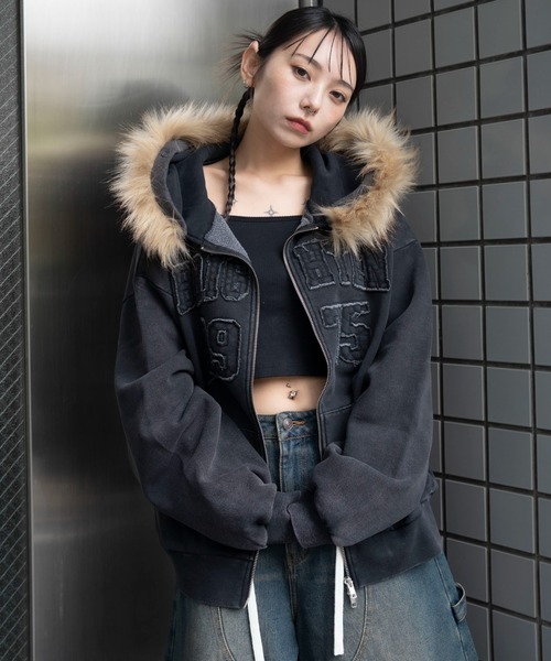 WEGO（ウィゴー）の「WEGO/【25年秋冬新作】裏起毛ファーフードBIGZIPパーカー（パーカー・レディース・杢グレー/ブラック系その他/スミクロ/ブラウン・FREE）」の18枚目の写真