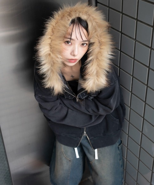 WEGO（ウィゴー）の「WEGO/【25年秋冬新作】裏起毛ファーフードBIGZIPパーカー（パーカー・レディース・杢グレー/ブラック系その他/スミクロ/ブラウン・FREE）」の20枚目の写真