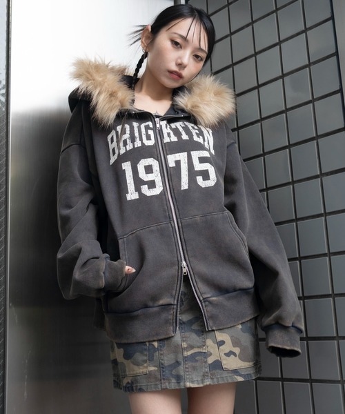 WEGO（ウィゴー）の「WEGO/【25年秋冬新作】裏起毛ファーフードBIGZIPパーカー（パーカー・レディース・杢グレー/ブラック系その他/スミクロ/ブラウン・FREE）」の14枚目の写真