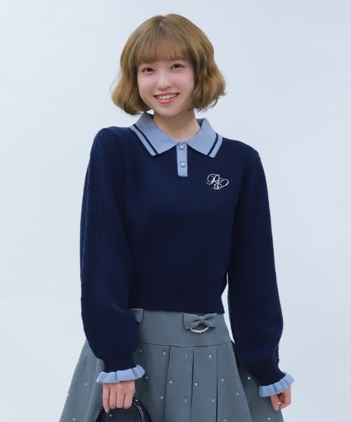 axes femme POETIQUE(アクシーズファムポエティック)の「PQ刺繍バイカラーポロニット(ニット/セーター・レディース・ブラック/ピンク/ネイビー・MEDIUM)」の3枚目の写真