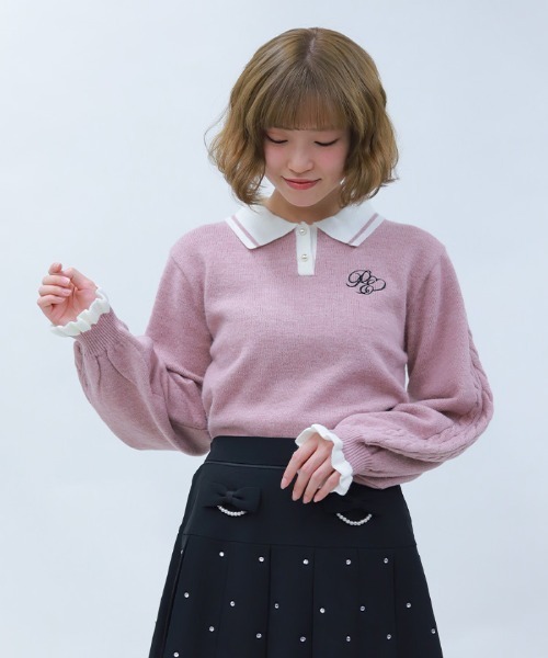 axes femme POETIQUE(アクシーズファムポエティック)の「PQ刺繍バイカラーポロニット(ニット/セーター・レディース・ブラック/ピンク/ネイビー・MEDIUM)」の1枚目の写真