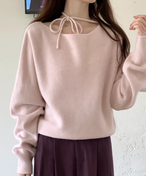 yuue' ( wear )（ユーイ）の「リボンタイオフショルダーニットトップス（ニット/セーター・レディース・ピンク/グレー/アイボリー/ブラック・FREE）」の4枚目の写真