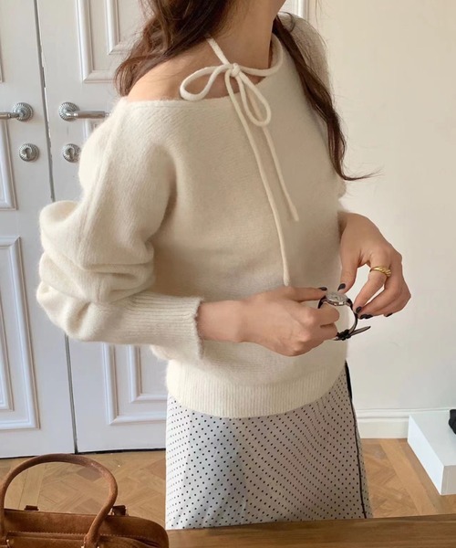 yuue' ( wear )（ユーイ）の「リボンタイオフショルダーニットトップス（ニット/セーター・レディース・ピンク/グレー/アイボリー/ブラック・FREE）」の13枚目の写真