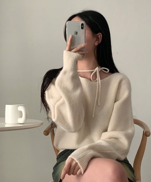 yuue' ( wear )（ユーイ）の「リボンタイオフショルダーニットトップス（ニット/セーター・レディース・ピンク/グレー/アイボリー/ブラック・FREE）」の5枚目の写真