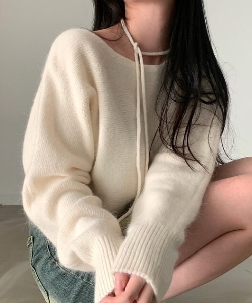 yuue' ( wear )（ユーイ）の「リボンタイオフショルダーニットトップス（ニット/セーター・レディース・ピンク/グレー/アイボリー/ブラック・FREE）」の9枚目の写真