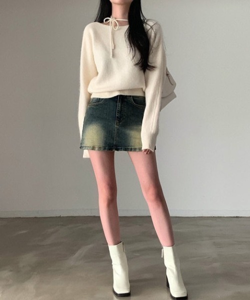 yuue' ( wear )（ユーイ）の「リボンタイオフショルダーニットトップス（ニット/セーター・レディース・ピンク/グレー/アイボリー/ブラック・FREE）」の8枚目の写真