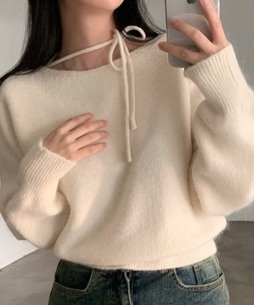 yuue' ( wear )（ユーイ）の「リボンタイオフショルダーニットトップス（ニット/セーター・レディース・ピンク/グレー/アイボリー/ブラック・FREE）」の7枚目の写真