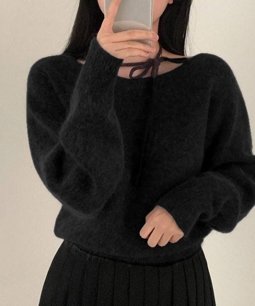 yuue' ( wear )（ユーイ）の「リボンタイオフショルダーニットトップス（ニット/セーター・レディース・ピンク/グレー/アイボリー/ブラック・FREE）」の19枚目の写真