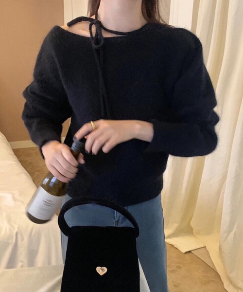 yuue' ( wear )（ユーイ）の「リボンタイオフショルダーニットトップス（ニット/セーター・レディース・ピンク/グレー/アイボリー/ブラック・FREE）」の17枚目の写真