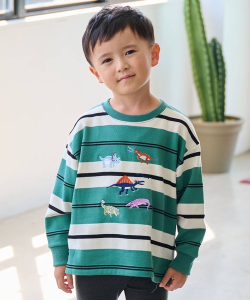 kladskap(クレードスコープ)の「恐竜ボーダートレーナー(スウェット・キッズ・グリーン/ブルー・90cm/100cm/110cm/120cm/130cm)」の2枚目の写真