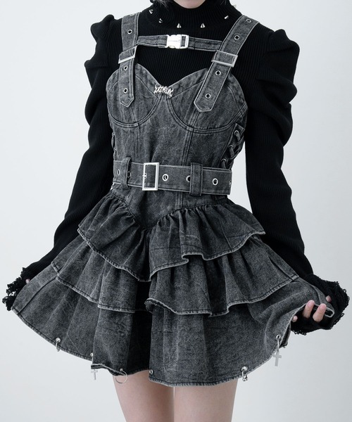【Lazyslay】デニムチャームワンピ セール】デニムチャームワンピ（ジャンパースカート）｜LAZYSLAY