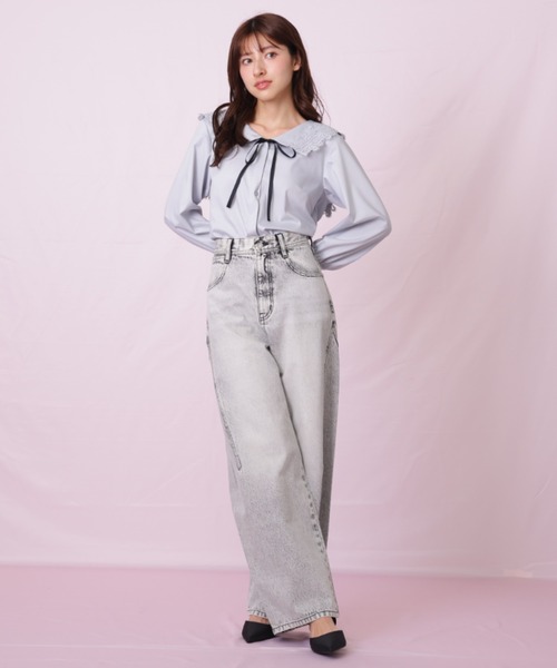 JILL by JILL STUART（ジルバイジルスチュアート）の「◇リボン加工カーブパネルデニム（デニムパンツ・レディース・ブラック/ブルー・SMALL/MEDIUM）」の12枚目の写真