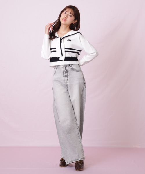 JILL by JILL STUART（ジルバイジルスチュアート）の「◇リボン加工カーブパネルデニム（デニムパンツ・レディース・ブラック/ブルー・SMALL/MEDIUM）」の5枚目の写真