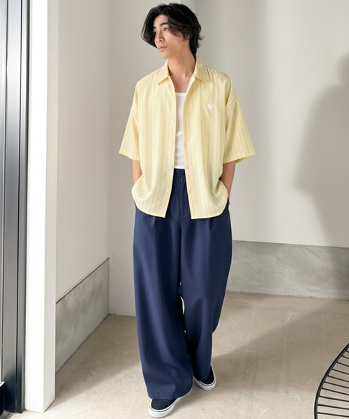 Java(ジャバ)の「《JaVaジャバコラボ》羽織りとしても重宝する、汎用性の高さが魅力!刺繍入り ヘリンボーン織ストライプ柄 オーバーサイズ半袖シャツ(シャツ/ブラウス・メンズ・イエロー/サックスブルー/オフホワイト/チャコールグレー・SMALL/MEDIUM/LARGE)」の14枚目の写真