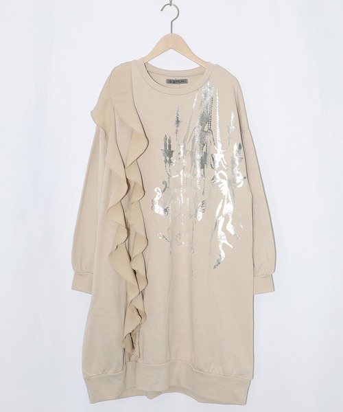 553278：箔プリントシャンデリア フリル裏毛ワンピース（ワンピース