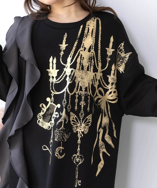 セール】553278：箔プリントシャンデリア フリル裏毛ワンピース