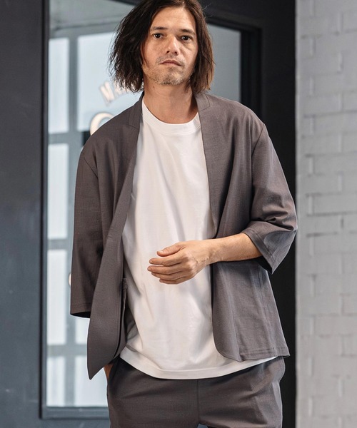 CAMBIO(カンビオ)の「mj11351-Stretch Linen Rayon Buttonless 3-4 Sleeve Jacket 7分袖ジャケット(S65926cmb)(ノーカラージャケット・メンズ・ブラック/ベージュ/チャコール・S/M/L)」の2枚目の写真